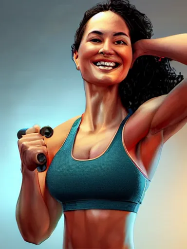 Prompt: a beautiful happy woman working out at the gym. smiling popular girl. intricate, elegant, highly detailed, digital painting, artstation, cinematic shot, concept art, sharp focus, illustration, by justin gerard and artgerm, 8 k