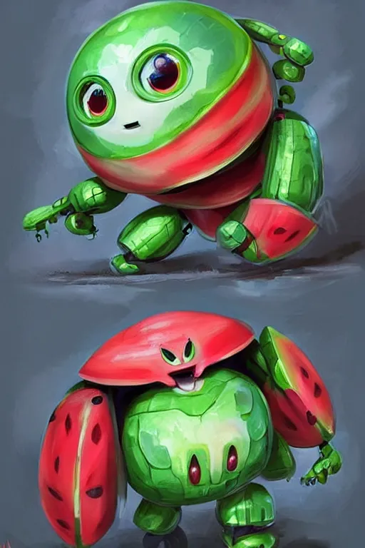 Prompt: cute anthropomorphic watermelon Tachikoma, Tachikoma made of watermelon, tiny, small, miniature Tachikoma, baby watermelon Robot, short, pale blue armor, cute and adorable, pretty, beautiful, DnD character art portrait, matte fantasy painting, cgsociety Artstation, by Jason Felix by Steve Argyle by Tyler Jacobson by Peter Mohrbacher, cinematic lighting