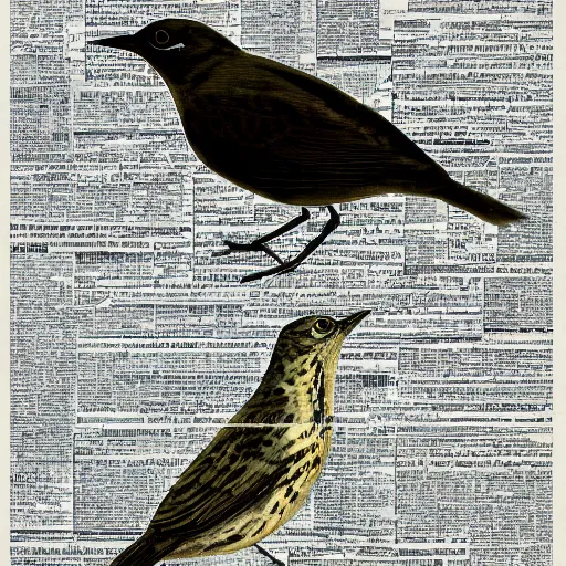 Prompt: a thrush bird wandering within the virtual realms of urban informatics and computational social science, artwork by dave mckean and ivan shishkin