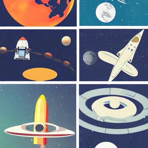 Image similar to A collage of Space Travel, mid-century modern, made of random shapes cut from magazines