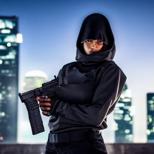 Image similar to photographic portrait of a techwear woman holding a Glock 18, closeup, on the rooftop of a futuristic city at night, sigma 85mm f/1.4, 4k, depth of field, high resolution, 4k, 8k, hd, full color