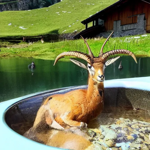 Image similar to dragonfly in a bathtub in the alps, big ibex!! in the background