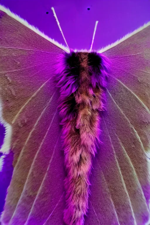 Image similar to high quality macro photo pearlescent furry moth! jeweled gorgeous! highly detailed david ligare elson peter cinematic purple neon lighting high quality low angle hd 8k sharp shallow depth of field