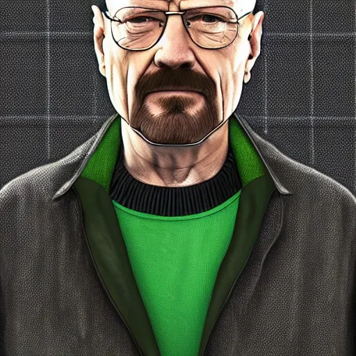 Prompt: Walter White with aviators and a grey beanie while wearing a black turtleneck and plaid green blazer with golden chains around his neck, Realistic, 4k Resolution, 8k Resolution, Detailed, Very Detailed, Highly Detailed, HD Quality, Digital Art, Trending on Artstation, in the style of James Lee