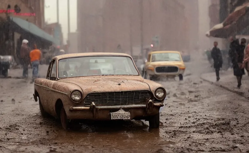 Prompt: street photography by saul leiter, in a muddy new york street, award winning photo of an ultra detailed dirty vintage ford car speeding very fast on mud, fast shutter speed, motion blur, tiny gaussian blur, highly detailed, highly intricate, depth of field, trending on top gear