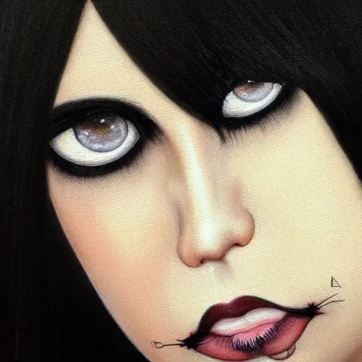 Image similar to a painting of an emo goth mexican woman with long dark hair thick eyebrows dark eyes and dark circles wide nose big eyes oval face shape big cheeks, holding her tabby cat, a photorealistic painting by tran nguyen and ilya kuvshinov, featured on deviantart, gothic art, goth, gothic, detailed painting