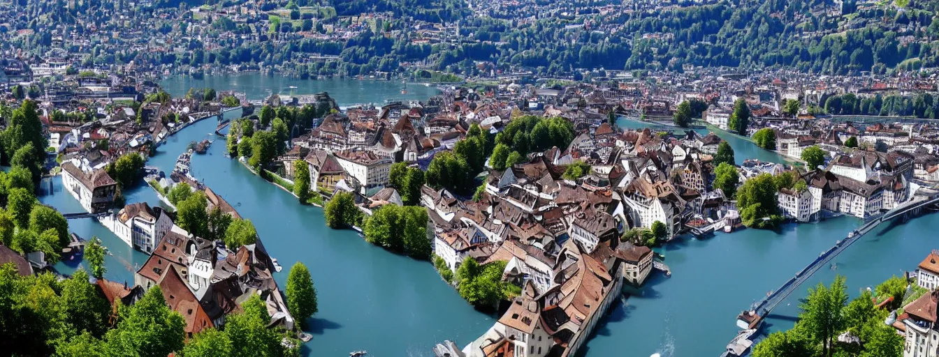 Image similar to Photo of Zurich, looking down the Limmat at the lake and the alps, Hardturm, Grossmünster, Lindenhof, Üetliberg, wide angle, volumetric light, hyperdetailed, light blue water, artstation, cgsociety, 8k