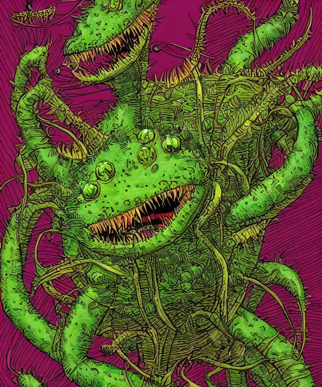 Image similar to Venus fly trap monster in the style of dan mumford, chris mars, surrealism