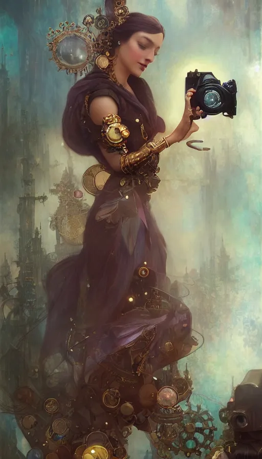 Image similar to hyper realistic photographer taking a picture, magical, gems, jewels, gold, steampunk, cyberpunk, painted by tom bagshaw, mucha, gaston bussiere, craig mullins, j. c. leyendecker 8 k