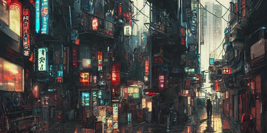 Image similar to Cyberpunk back alley on a rainy day in Japan, low angle view, detailed matte painting, cinematic, Moebius, Artstation