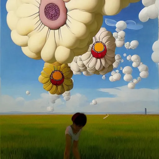 Prompt: Giant flowers fly through the air, as a tornado approaches, by Takashi Murakami, Edward Hopper, Bo Bartlett, and Cynthia Sheppard, Artstation