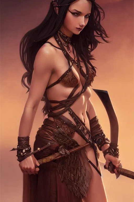 Image similar to Portrait of seductive female barbarian, D&D, revealing stylish dress, choker on neck, long flowing hair, mouth slightly open, slight nerdy smile, fantasy, intricate, elegant, highly detailed, digital painting, artstation, concept art, smooth, sharp focus, illustration, art by artgerm and greg rutkowski and alphonse mucha