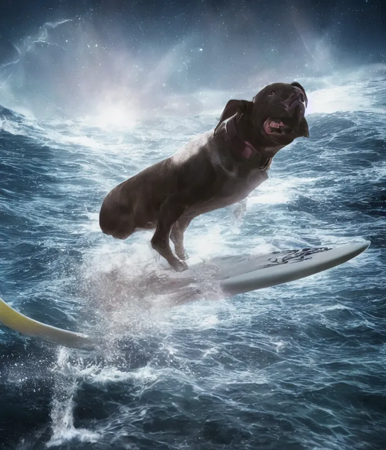 Prompt: photo of a dark gray coat pit bull with a white paws!, surfing on a surfboard in a crashing wave of alien ocean in space, background is an alien galaxy, matte, aliens in the background, alien colors, octane render, unreal engine, wide view, 8 k, high detaild