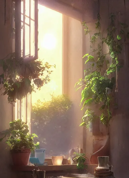 Prompt: a flow in a clay pot on a window sill. sunbeams, atmospheric lighting. by makoto shinkai, stanley artgerm lau, wlop, rossdraws, james jean, andrei riabovitchev, marc simonetti, krenz cushart, sakimichan, d & d trending on artstation, digital art.