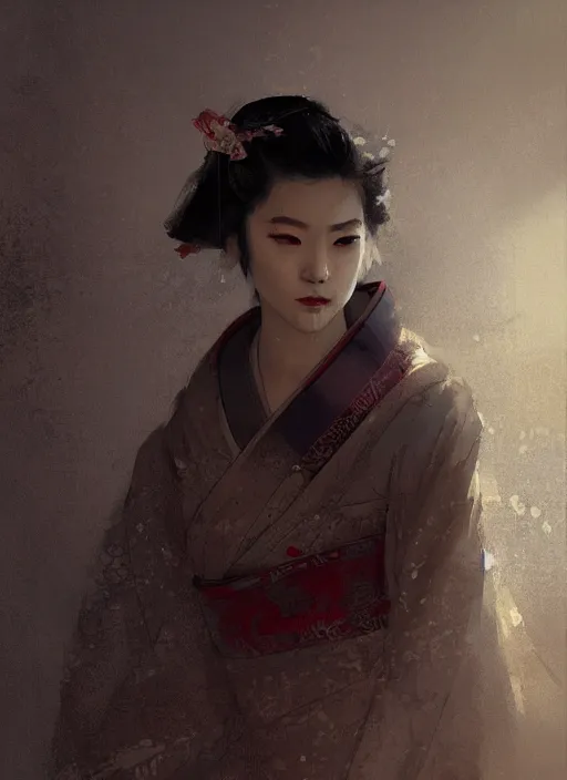 Image similar to female geisha girl, beautiful face, rule of thirds, intricate outfit, spotlight, by greg rutkowski, by jeremy mann, digital painting