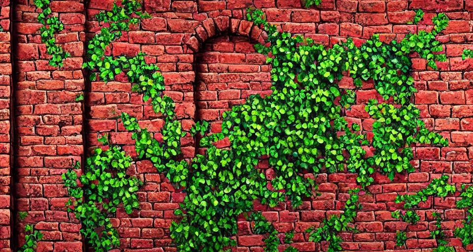 Image similar to a beautiful painting of an ancient brick wall covered in vines with a closed portal, landscape, 8 k, photorealism