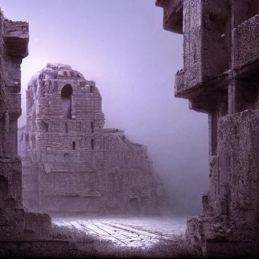 Prompt: an ancient ruin in style of Zdislaw Beksinski, ArtStation, Deviantart HD screenshot