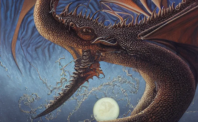 Image similar to a close up of a painting of a dragon, an ultrafine detailed painting by John Howe, by György Vastagh, by Jeffrey Smith, behance contest winner, space art, lovecraftian, cosmic horror, biomorphic