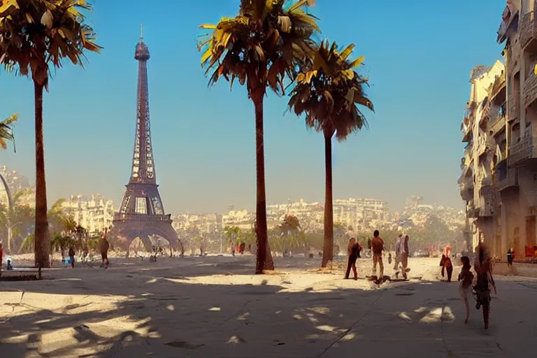 Image similar to landscape of the beautiful city of paris rebuilt near the pacific ocean in sunny california, amazing weather, sandy beach, palm trees, splendid haussmann architecture, painting by craig mullins, concept art, matte painting, trending on artstation
