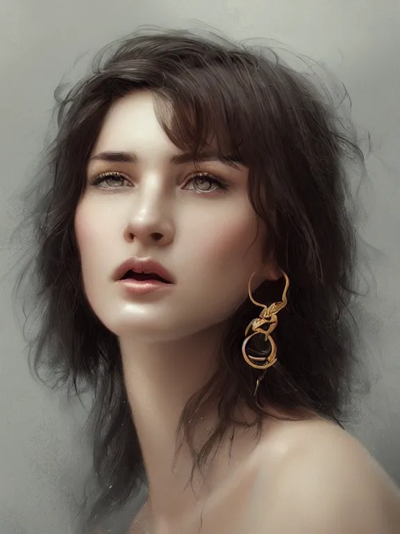 Prompt: beautiful russian girl with short dark hair and septum piercing, thin round earrings, winds of winter, au naturel, hyper detailed, digital art, trending in artstation, cinematic lighting, studio quality, smooth render, octane rendered, concept art, sharp focus, illustration, art by artgerm and greg rutkowski and wlop and krenz cushart