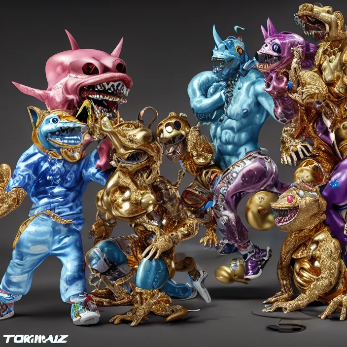 Image similar to jeff koons hip hop style street sharks wearing grillz and a ton of bussdown iced gold bling, ultra realistic, concept art, intricate details, serious, highly detailed, photorealistic, octane render, 8 k, unreal engine, art by todd mcfarlane and artgerm and greg rutkowski and alphonse mucha