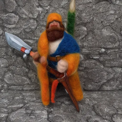 Image similar to needle felted gimli saying and my axe from the fellowship of the ring (2001), highly detailed, tilt shift, atmospheric, hyperrealism, highly textured, god rays