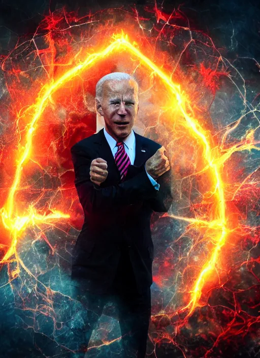 Image similar to hyper realistic ultra realistic chaos magic photo furious red glowing eyes biden, high quality photo, detailed , 8k