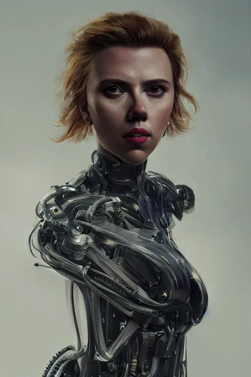 Image similar to a fancy portrait of a Scarlett Johansson as half human half robot by Greg Rutkowski, Sung Choi, Mitchell Mohrhauser, Maciej Kuciara, Johnson Ting, Maxim Verehin, Peter Konig, final fantasy , mythical, 8k photorealistic, cinematic lighting, HD, high details, atmospheric,