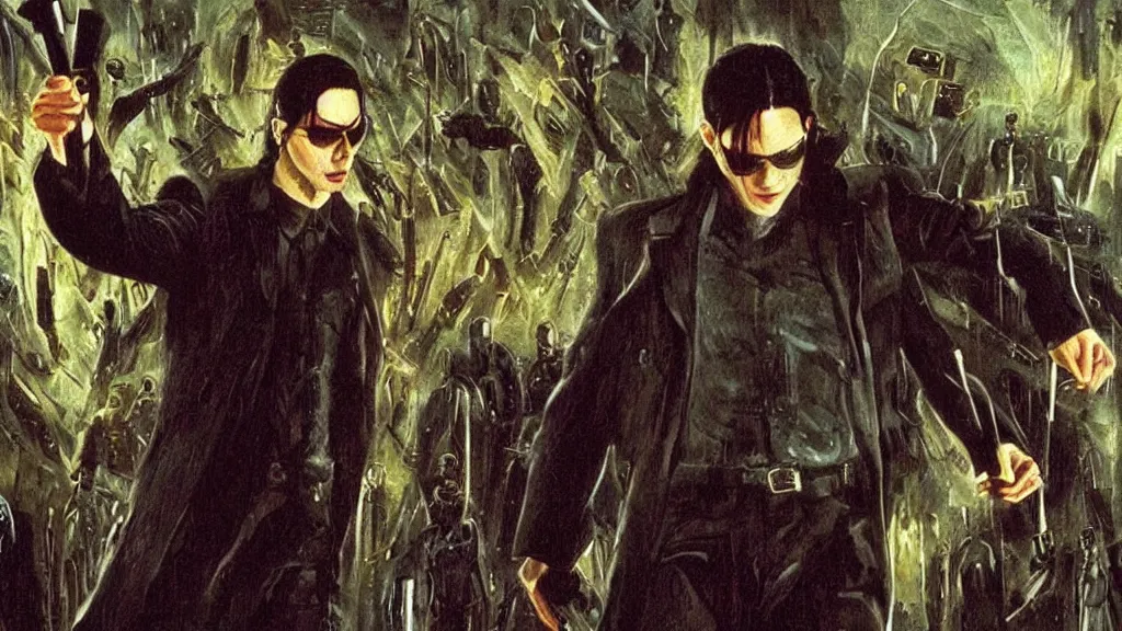 Image similar to an oil painting in the style of alan lee depicting the plot of the movie the matrix ( 1 9 9 9 )