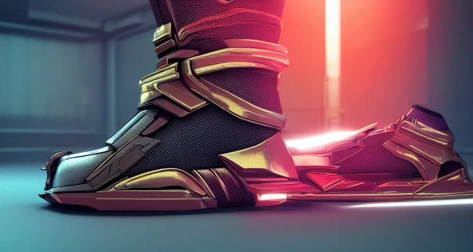 Image similar to realistic 3 d render of a cyberpunk android sneaker, beautiful studio lighting, soft, sharp focus, neon cyberpunk highlights, intricate detail, gold and red accents, soft rubber, octane render, side view, close up, trending on artstation, deviantart, syd mead, moebius