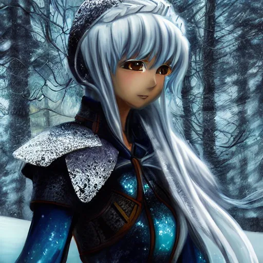 Image similar to portrait focus of knight beautiful 3D anime girl, silver Frozen ice armor wearing, dark forest background, snowing, bokeh, inspired by Masami Kurumada, digital painting, high contrast, unreal engine render, volumetric lighting, high détail