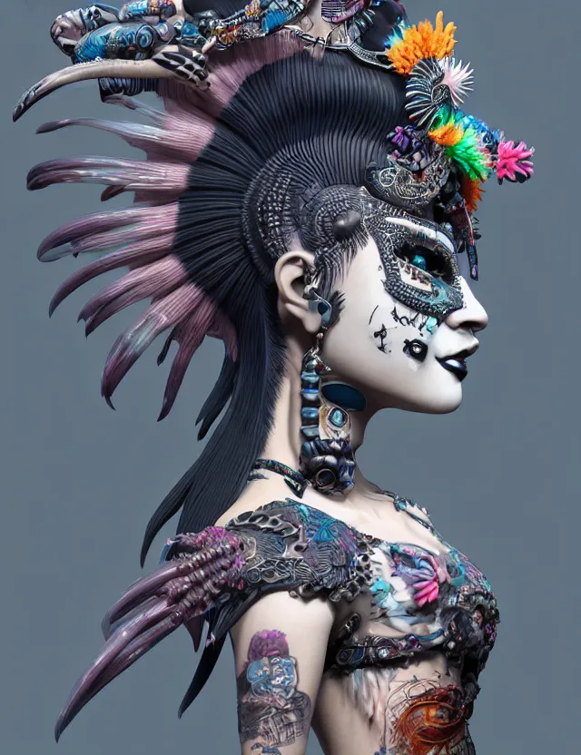 Image similar to 3 d goddess close - up profile portrait punk with mohawk with ram skull. beautiful intricately detailed japanese crow kitsune mask and clasical japanese kimono. betta fish, jellyfish phoenix, bio luminescent, plasma, ice, water, wind, creature, artwork by tooth wu and wlop and beeple and greg rutkowski