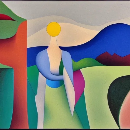 Prompt: woman as the natural landscape, her curves form the mountains and rivers of the land , high quality art in the style of cubism and georgia o’keefe,