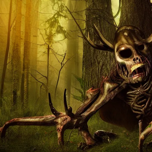 Prompt: Photorealistic wendigo in an ominous forest. Hyperdetailed photorealism, 108 megapixels, amazing depth, glowing rich colors, powerful imagery, psychedelic Overtones, 3D finalrender, 3d shading, cinematic lighting, artstation concept art
