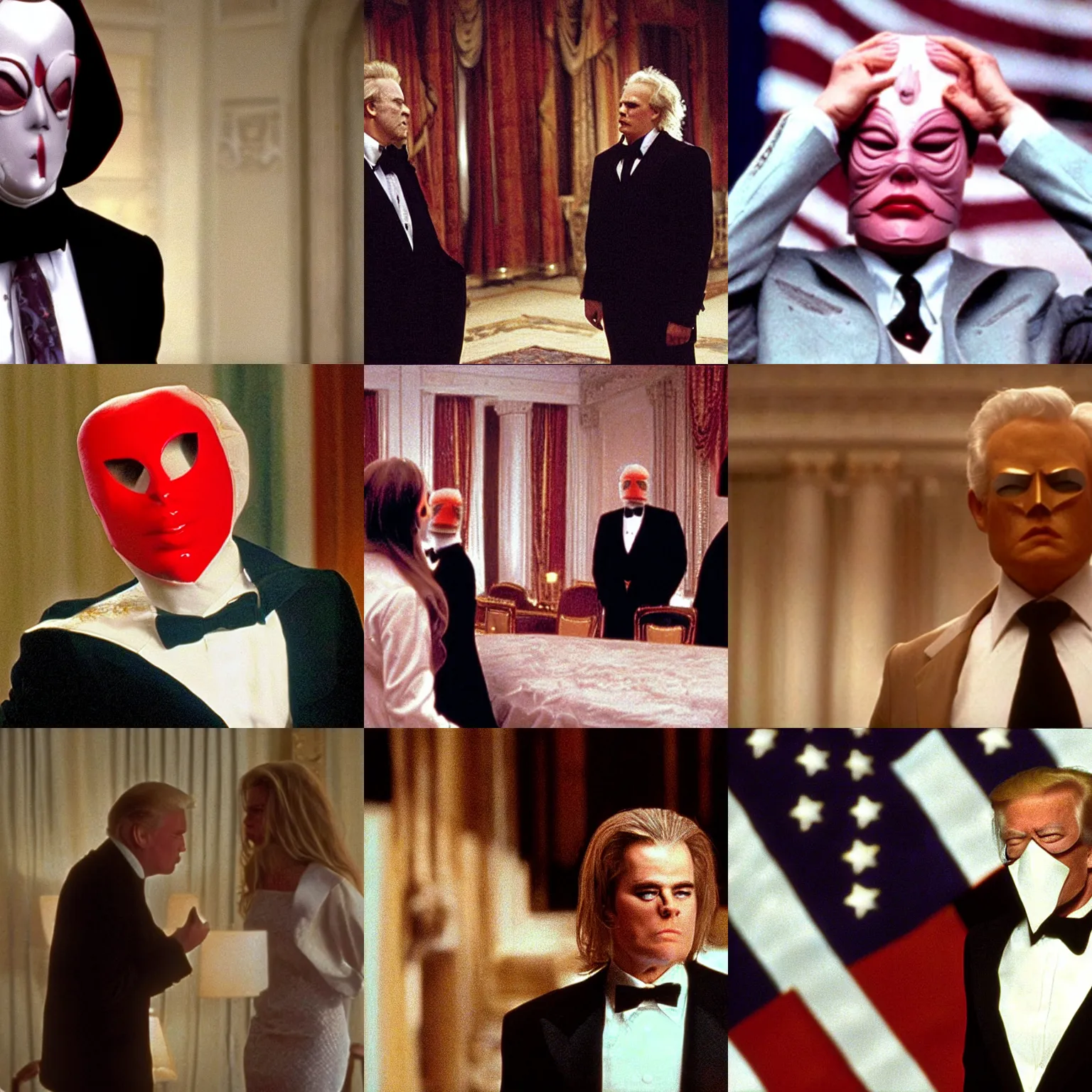 Prompt: Still of presidents of the USA, removing their mask in Eyes Wide Shut (1999)