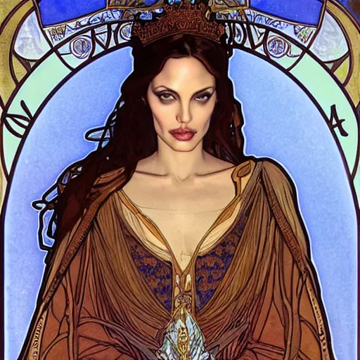 Image similar to angelina jolie portrait by louis - theophile hingre and alphonse mucha, realistic, sharp focus, zodiac signs, tarot cards, planets, ethereal, art nouveau, magic, moon, sun, crown, dreamy, royal, jewellery