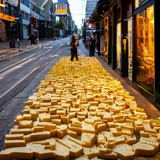 Prompt: city street, street made of cheese, sidewalk made of lettuce, buildings made of sausage, intricate, beautiful lighting