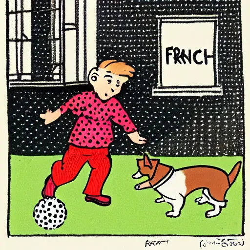 Image similar to illustration of french boy on the streets of paris playing football against a corgi, the dog is wearing a polka dot scarf, comic, 1 9 6 2