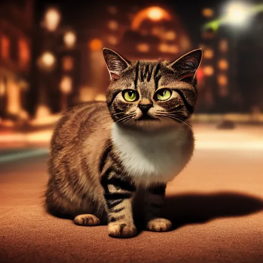 Image similar to lil bub the cat, splash art, movie still, cinematic lighting, dramatic, octane render, long lens, shallow depth of field, bokeh, anamorphic lens flare, 8k, hyper detailed, 35mm film grain