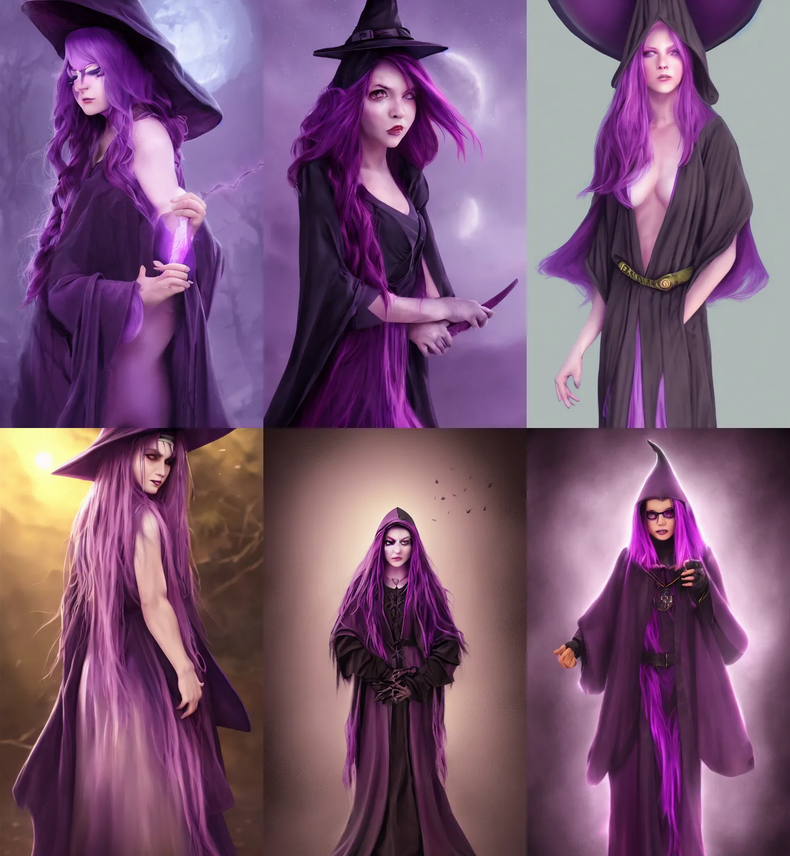 Prompt: realistic young purple haired witch dressed in a dark robe, wearing large dark witch hat, night pink underlit, game cover art digital matte painting, highly detailed, featured trending on artstation