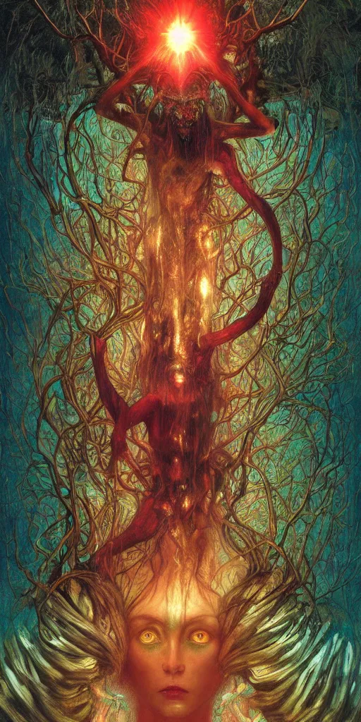 Prompt: intense snarling screaming glowing pagan god with ram horns and veins and intense glowing eyes in very dark forest by karol bak and beksinski and alphonse mucha, portrait, fantasy, clear, light beams, lens flare, intense, uhd, red and teal and shining polished gold, amazing depth, cinematic lighting