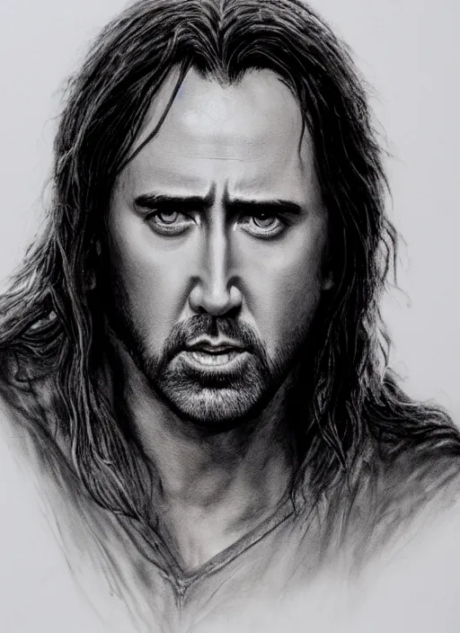 Prompt: portrait of nicolas cage as aragorn, action shot, strider, king elessar, by alan lee, lord of the rings, smooth, detailed terrain, oil painting, matte painting, concept art, trending on artstation, promotional artwork, film still, elegant, photorealistic facial features, intricate, detailed face, cinematic lighting