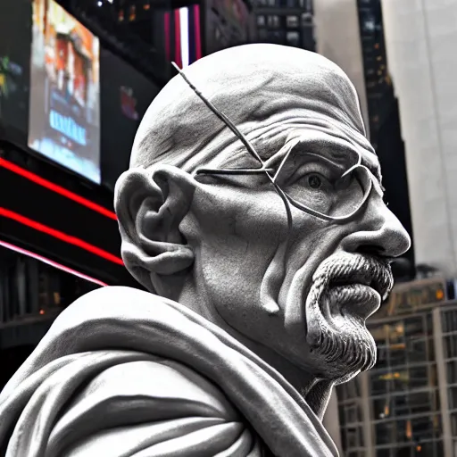 Prompt: a photograph of a very detailed renaissance sculpture of walter white wearing a phrygian cap in times square, made by michelangelo, from the distance, hyper detailed, sharp focus, 8 k resolution, ray tracing