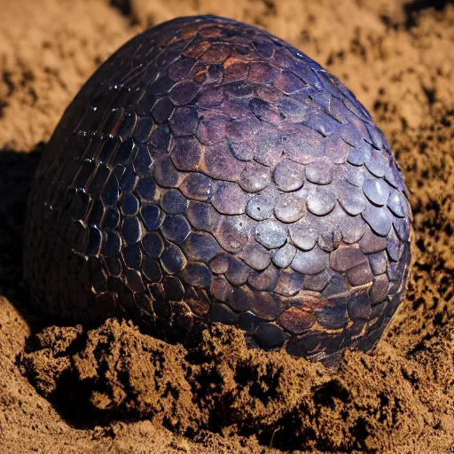 Image similar to hyper-realistic photo of a mystial dragon egg sitting in the dirt, clos up shot, 8K