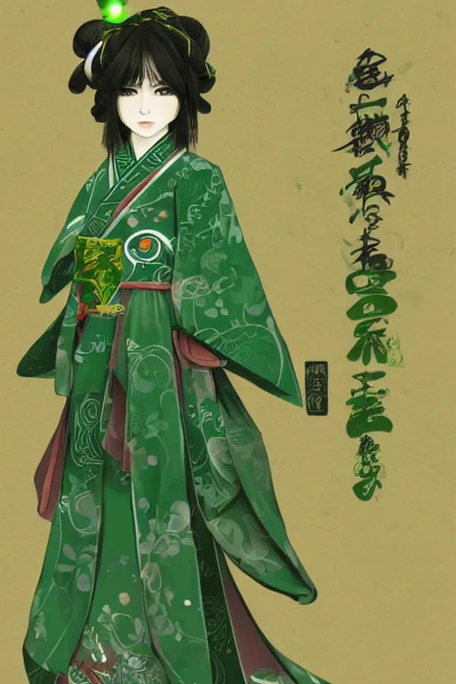 Image similar to a japanese druid woman, green colors, miko clothes, DnD, character concept art, digital art