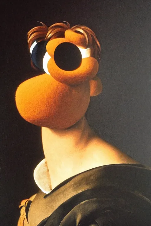 Image similar to a muppet painted by Caravaggio, black background