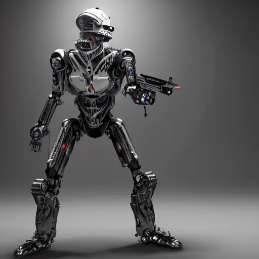 Image similar to robot warrior holding a gun in the style of crysis, standing, full body, concept art, futuristic, octane render, clean, realistic, 3 point lighting