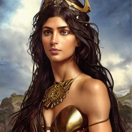 Prompt: greek amazon warrior, tall, beautiful, bronzed skin, long dark - hair, blue eyes, hellenistic body armour, medium shot, beautiful face, professionally retouched, realistic, detailed face, perfect eyes, sharp focus, 8 k realistic high definition, insanely detailed, intricate, elegant, art by ardian syaf and pepe larraz and alphonse mucha