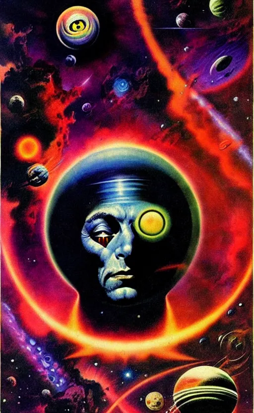 Image similar to trippy psychedelic cosmic eyes in outer space illustration by frank frazetta