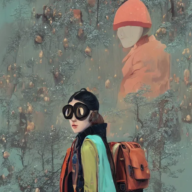 Image similar to portrait of alone androgynous girl wearing long orange vintage leather coat, bakelite rocky mountains, moss green japanese haunted forest background, ultrafine hyperdetailed illustration by hsiao - ron cheng and artgerm, wearing giant modular synthesizer 8 0 s sony stereo helmet and backpack, the grand budapest hotel, glow, no crop, digital art, artstation, pop art